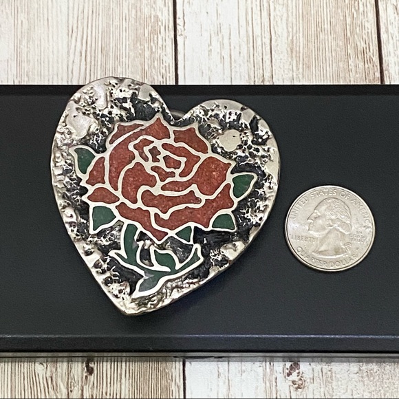 Vintage S.S.I. Enamel Inlay Rose Flower Heart-shaped Belt Buckle - Picture 7 of 12
